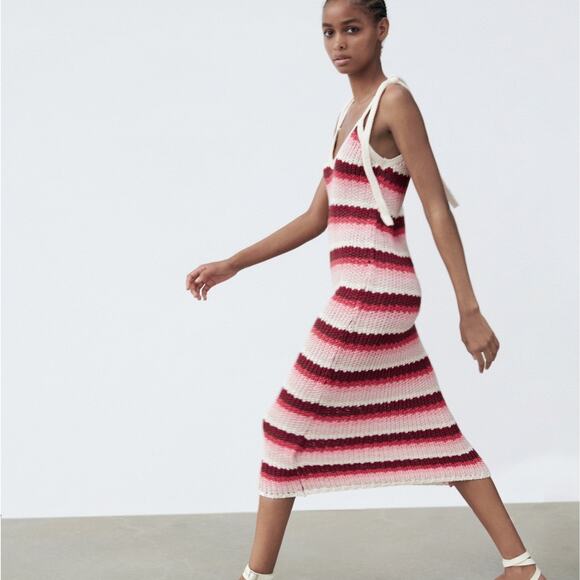 Zara Tie Strap Knit Midi Dress Small - Picture 2 of 7